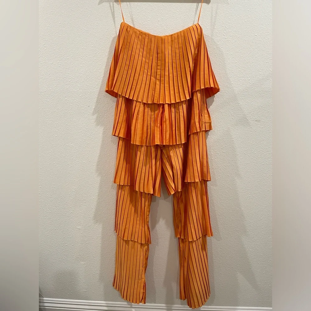Andrea Iyamah Vibrant Orange Tami Pleated Tiered Wide Leg Pants Size Medium - Picture 3 of 10